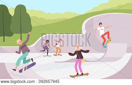 Skatepark. Outdoor Extreme Activities Skateboarders Lifestyle Urban Park Action Characters Vector Ba