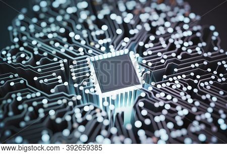Artificial Intelligence And Quantum Compiting Concept. Circuit With Glowing Microchip. 3d Rendered I