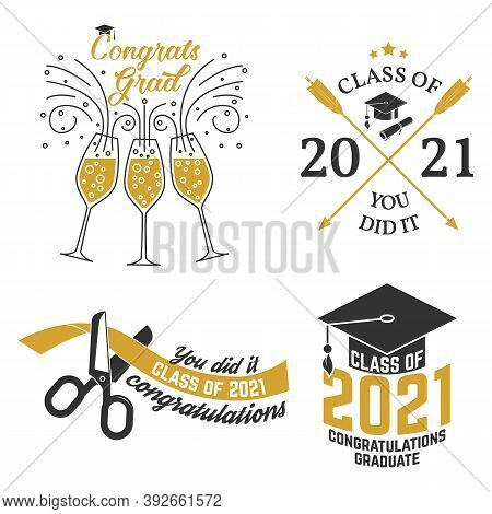 Set Of Vector Class Of 2021 Badges. Concept For Shirt, Print, Seal, Overlay Or Stamp, Greeting, Invi