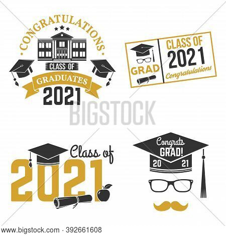 Set Of Vector Class Of 2021 Badges. Concept For Shirt, Print, Seal, Overlay Or Stamp, Greeting, Invi