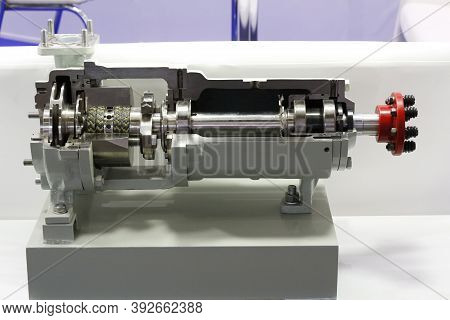 Detail Of An Electric High Pressure Centrifugal Pump For Industry. Sectional Turbopump Installation.