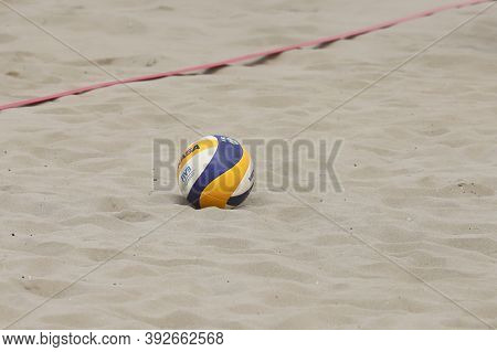Izmir, Turkey - September 26, 2020: Mikasa Vls300 Is Official Ball Of U22 Beach Volleyball European 