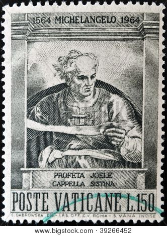 A stamp printed in Vatican shows prophet Joel painted in the Sistine Chapel by Michelangelo