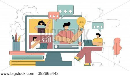 Online Teamwork, Videoconference, Telecommuting. Search For An Idea. Vector Illustration Isolated On
