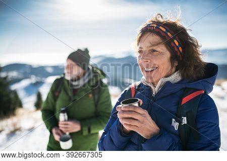 Senior Couple Hikers In Snow-covered Winter Nature, Drinking Hot Tea.