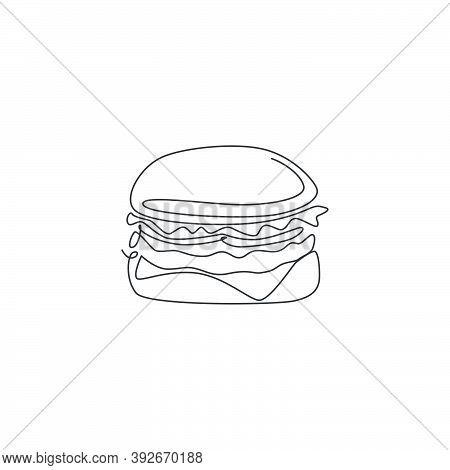 One Single Line Drawing Of Fresh Logo American Burger Vector Illustration. Fast Food Beefburger Cafe