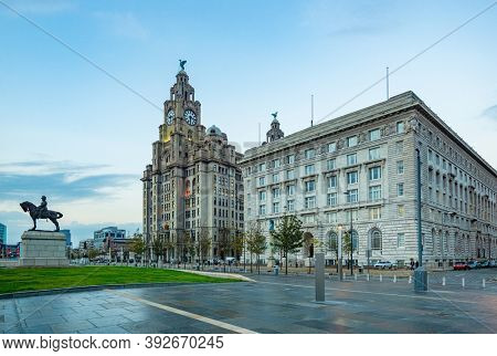 Liverpool historical architecture with Statue of EDWARD VII in city center in England in United Kingdom