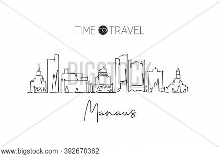 Single Continuous Line Drawing Of Manaus Skyline, Brazil. Famous City Scraper Landscape Wall Home De