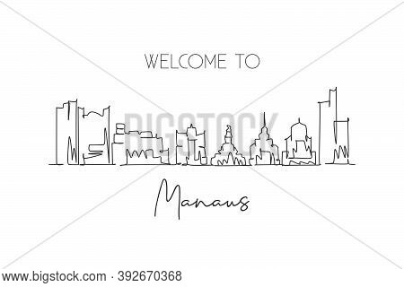 One Continuous Line Drawing Of Manaus City Skyline, Brazil. Beautiful Landmark Postcard. World Lands
