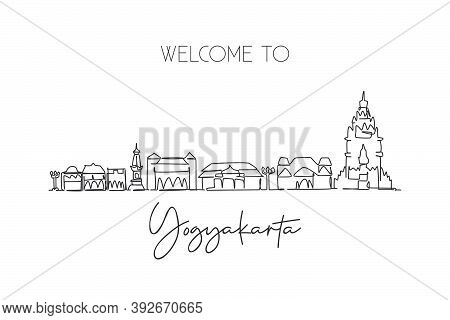 Single Continuous Line Drawing Yogyakarta Skyline, Indonesia. Famous City Scraper Landscape Postcard