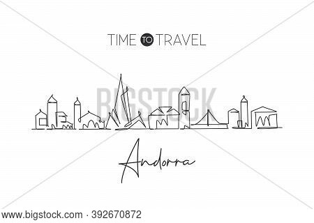 One Continuous Line Drawing Of Andorra La Vella City Skyline. Beautiful Landmark Postcard. World Lan