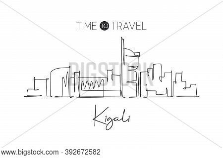 Single Continuous Line Drawing Of Kigali City Skyline, Rwanda. Famous City Scraper And Landscape Hom