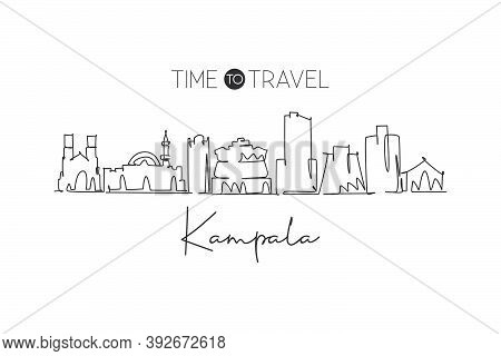 One Continuous Line Drawing Of Kampala Skyline, Uganda. Beautiful City Landmark Postcard Print. Worl