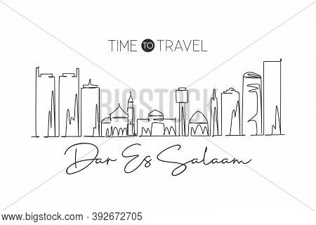 One Single Line Drawing Of Dar Es Salaam City Skyline, Tanzania. Historical Place Landscape Postcard