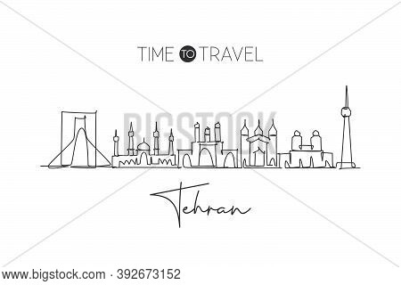 One Single Line Drawing Of Tehran Or Teheran City Skyline Iran. Historical Town Landscape In The Wor