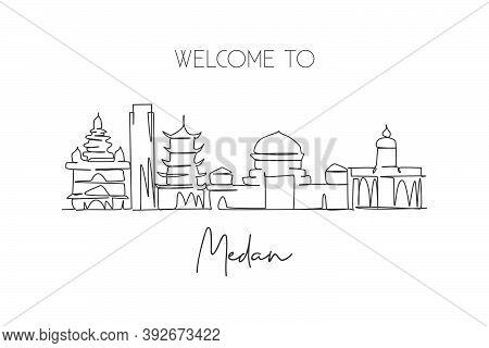 Single Continuous Line Drawing Of Medan City Skyline, Indonesia. Famous City Scraper And Landscape P
