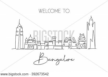 Single Continuous Line Drawing Bangalore City Skyline, India. Famous City Scraper And Landscape Home