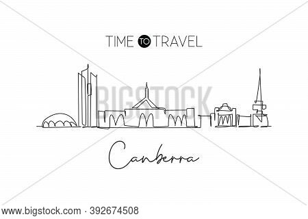 One Continuous Line Drawing Of Canberra City Skyline, Australia. Beautiful Landmark. World Landscape