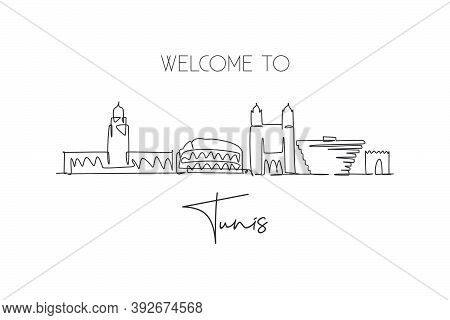 Single Continuous Line Drawing Of Tunis City Skyline; Tunisia. Famous City Scraper And Landscape Hom