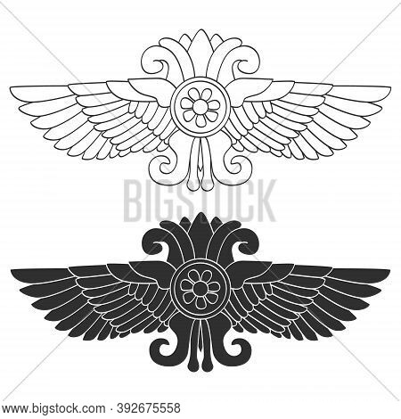 Vector Monochrome Icon Set With Ancient Hittite Symbol Winged Sun For Your Project