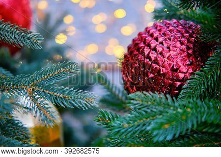 Big Red Balls On A Branch Christmas Tree, Copy Space