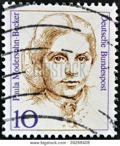 Niemcy - ok. 1988: Znaczek wydrukowany w Niemczech pokazuje Paula Modersohn-Becker malarz około 1988