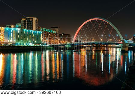 Glasgow city waterfront view at night in Scotland, United Kingdom