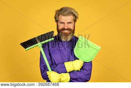 Worker With Brush. Cleaning Equipment. Yardman Occupation. Garbage Removal. Cleaning Day. Janitor Pr