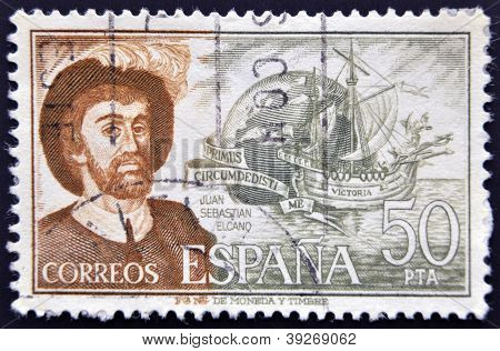 Espanha - por volta de 1976: Um selo imprimido em shows de Espanha Juan Sebastian Elcano por volta de 1976
