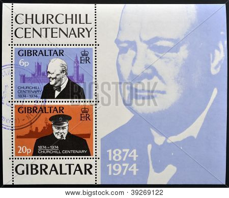 GIBRALTAR - asi 1974: Známka vytištěna v Gibraltaru ukazuje Winston Churchill 1874-1974 asi 1974