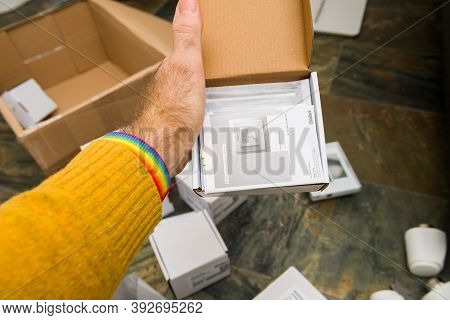 Paris, France - Oct 25, 2020: Man Hand Holding New Vaillant Ambisense Vr50 Thermostatic Valve Connec