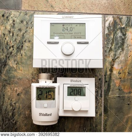 Paris, France - Oct 25, 2020: Overhead View On Green Natural Stone Background Of Vaillant Iot Device