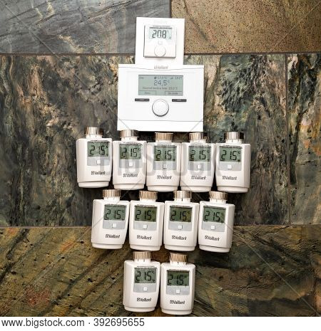 Paris, France - Oct 25, 2020: Abstract Composition With Multiple Vaillant Iot Devices - Vrc 700f Wea