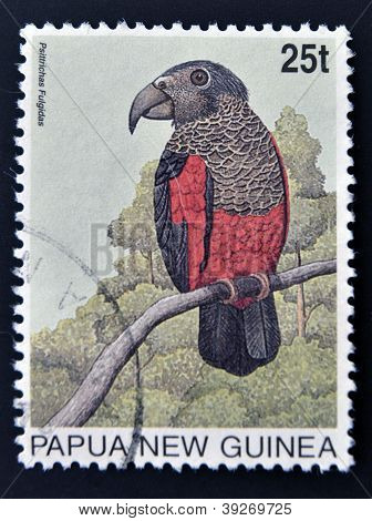 Papua Neuguinea um 1996: eine Briefmarke gedruckt in Papua zeigt Pesquet der Papagei (Psittrichas Fulgidus