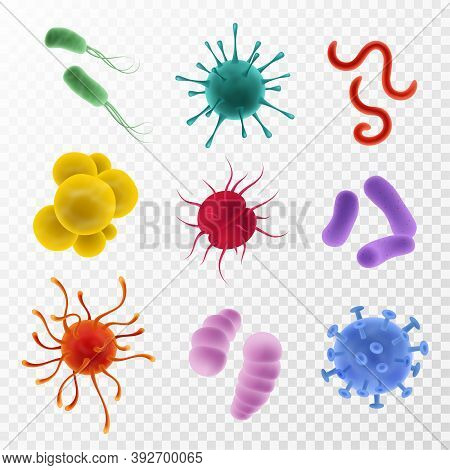 Realistic Viruses. Types And Microorganism Colorful Shapes. Bacteria, Germs And Bacillus Flu And Cov