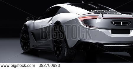 Rear view of modern fast sports car in studio light. Brandless contemporary style. 3D illustration