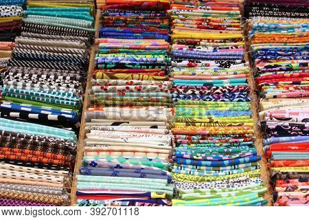 Japanese Culture Tenugui Towels At A Store In Kyoto. Tenugui Hand Towels Are A Typical Small Souveni