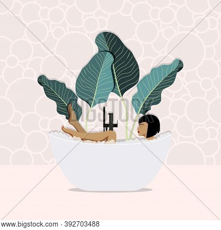 Girl Is Taking Bath. Women In Bathroom. Vector Illustration.