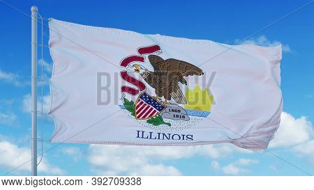 Illinois Flag On A Flagpole Waving In The Wind, Blue Sky Background. 3d Rendering