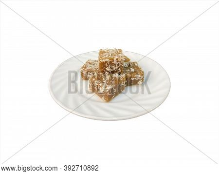 Kueh Kaswi Or Kasui (palm Brown Sugar Rice Cake) On White Background