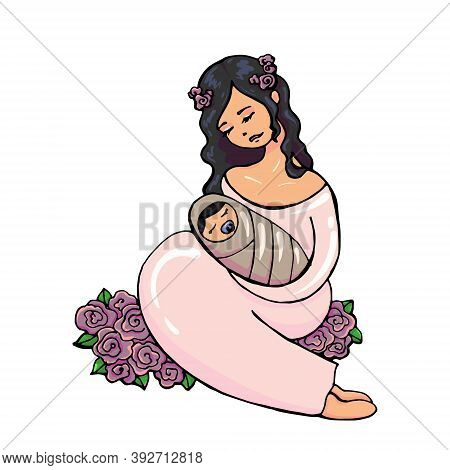 Gentle Vector Illustration Of A Cute Young Brunette In A Pink Dress With A Wreath On Head Embracing 