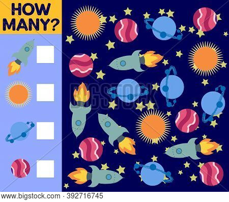 Counting Game For Preschool Children. Educational A Mathematical Game. Count How Many Space Objects 
