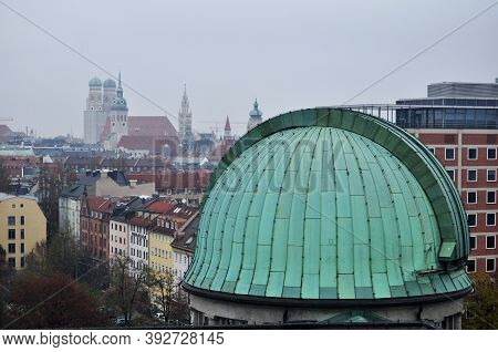 Aerial View Landscape Cityscape Of Munich City With Roof Dome Of Des Deutsches Museum Bibliothek Lib