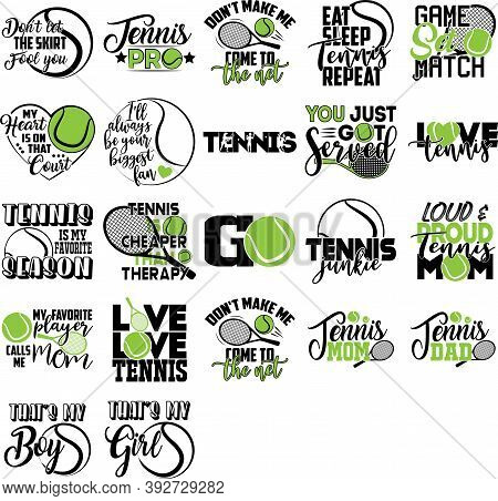 Set Of Tennis Quotes. Tennis Player, Racket, Ball Vector