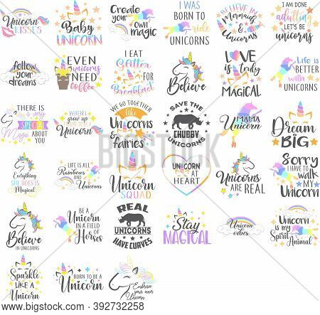 Set Of Unicorn Positive Quote Calligraphy Vector Illustration
