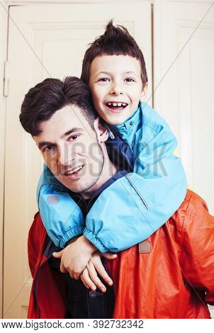 Faher And Son Together Having Fun At Home, Lifestyle Happy Family, People At Home