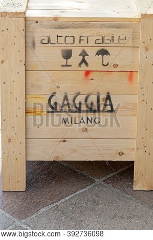 Lugano, Switzerland - June 14, 2019: Wooden Crate Gaggia Milano Delivery In Lugano, Switzerland.