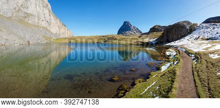Midi Dossau Peak and Casterau lake. Ayous Lakes in Ossau Valley, Pyrenees National Park in France.