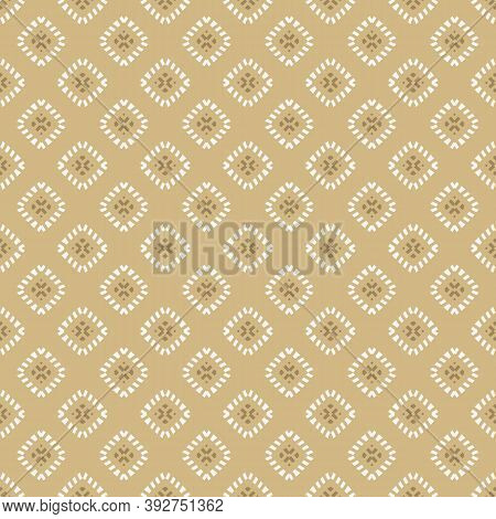 Golden Vector Ornamental Seamless Pattern. Elegant Geometric Ornament Texture With Small Flower Silh