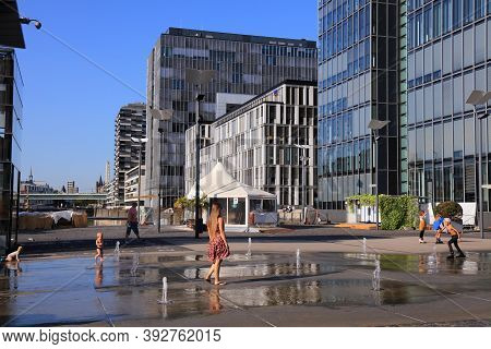 Cologne, Germany - September 21, 2020: People Visit Rheinauhafen District In Cologne City, Germany. 